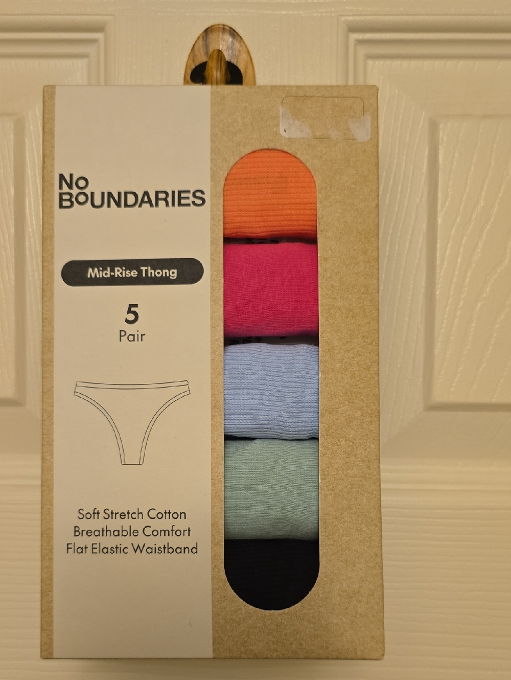 No Boundaries 5-Pack Mid-Rise Thongs - Orange, Pink, Light Blue, Mint, Black